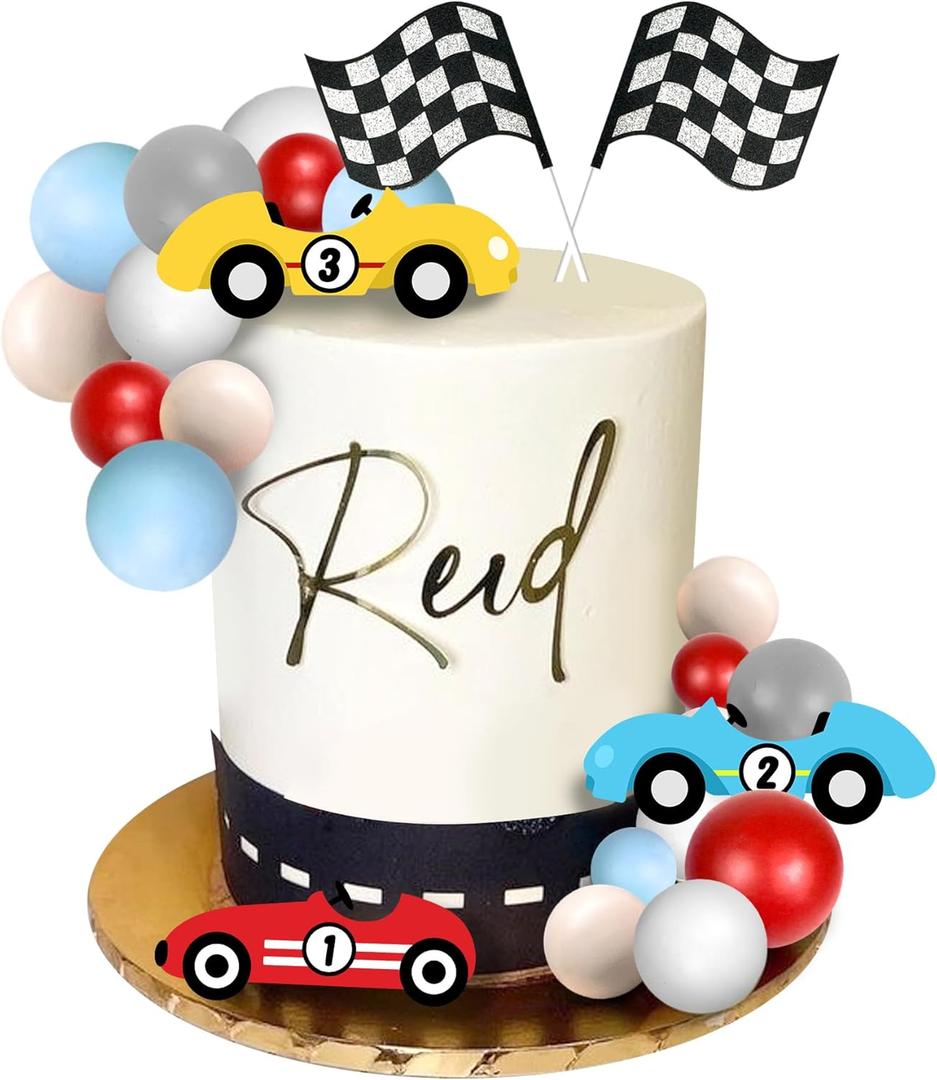 25 PCS Racing Cake Toppers Race Car Birthday Cake Decorations for Racing Car Checkered Flag Birthday Anniversary Decorations Supplies (02)