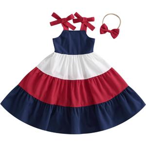 Toddler Little Girls Rainbow Dress Princess Flowy Dresses Ruffle Boho Sundress Fourth 4th of July Outfit (Flowy Navy Blue Red White, 4-5 Years)