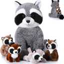 5 Pcs Raccoon Stuffed Animal Set Adorable Mommy Raccoon Plush with 4 Cute Babies in Tummy Soft Cuddly Plushie for Birthday Woodland Party Decor(Cute Style)