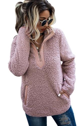 AQOTHES Womens Loose Casual Zipper Sherpa Fleece Pockets Pullover Sweatshirt for Women Pink,S