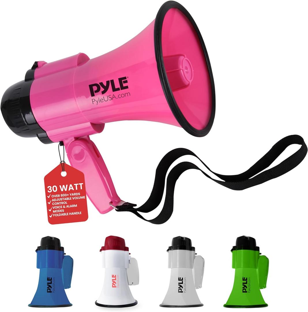 PYLE Portable Megaphone Speaker Siren Bullhorn - Compact and Battery Operated with 30 Watt Power, Microphone, 2 Modes, PA Sound and Foldable Handle for Cheerleading and Police Use PMP34PK (Pink)