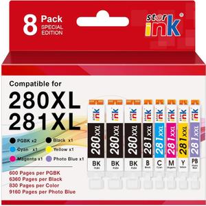 280XXL 281XXL Replacement for Canon 280 281 Ink Cartridges Compatible for Canon TS8320 TS8222 TS8300 TR8620a TS9120 TS8120 TR8520 TR7520 TS6220 Printer(3PGBK/BK/C/M/Y/PB) 8-Pack