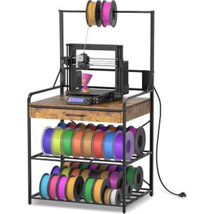 3D Printer Stand with Power Hub and Top Storage Shelf – Heavy Duty X-Bracket Stability, 3-Tier Storage & Tool Organizer for Workshop and Office