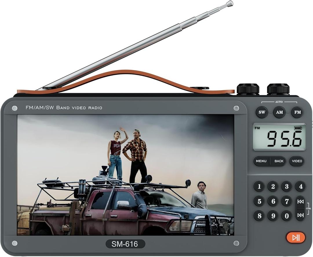 720P 7Inch Screen AM FM Movie Video Radio with Bluetooth Speaker, Rechargeable Digital Shortwave MP3 MP4 Player Radio, Support USB/Micro SD Card, Loud Speaker and Headphone Jack (NO TV) (Grey)