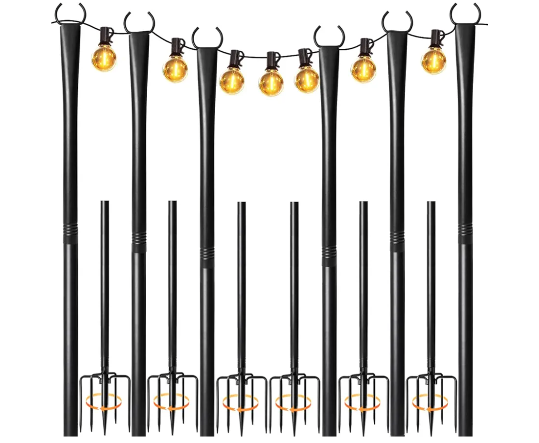 6 Pack String Light Poles for Outside, Upgraded Heavy-Duty Metal Poles for Outdoor String Lights with Fork, Adjustable Lighting Hanging Accessories for Patio Decor Pergola Backyard Garden Decorations