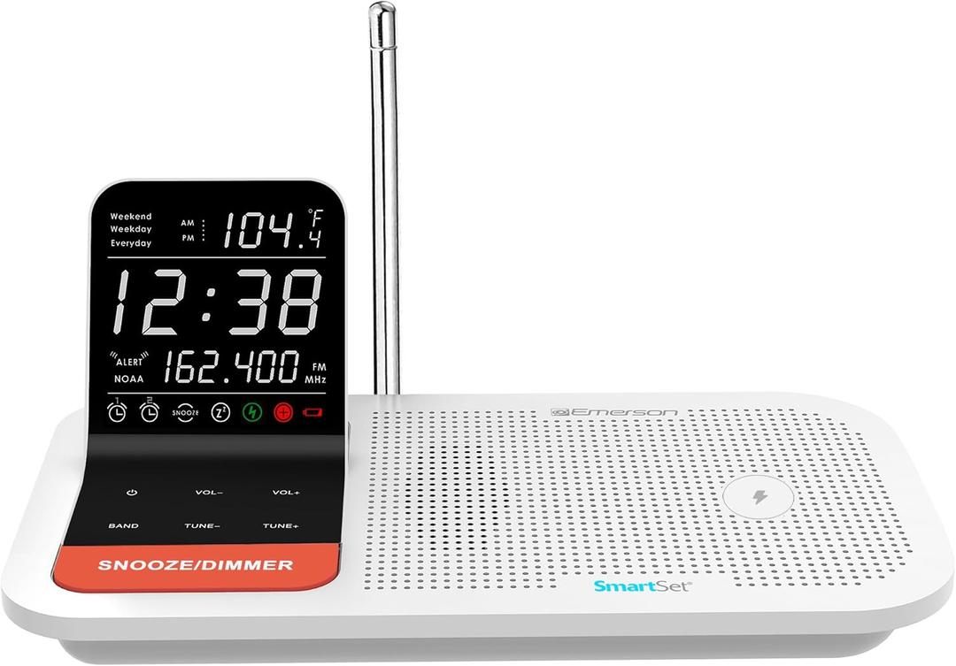 Emerson SmartSet Weather Band Dual Alarm Clock Radio with 15W Wireless Charging, USB Ports, NOAA Alerts, Temperature Sensor, 0.6 Black Backlit LCD Display, Dual Alarm, White