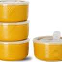 Ceramic Bowls with Lids: 20 oz Microwave Safe Food Storage Containers for Soup, Salad, Cereal, Leftovers, Meal Prep, Lunch, Picnic, Camping, Serving - Airtight, Yellow, Set of 4