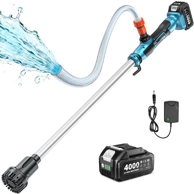 SEESII Cordless Stick Water Transfer Pump, with 4000mAh 21V Battery & Charger, 720GPH, 32FT Head, Handheld Portable Utility Sump Pump Kit with 3/4" Outlet for Pool/Garden/Pond/RV/Boat Draining