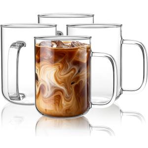 Glass Coffee Mugs, 20 oz Ice Coffee Cups Set of 4, Large Clear Tea Cups, Glass Mugs with Handles for Hot Beverages, Glass Cups for Latte, Cappuccino, and Tea