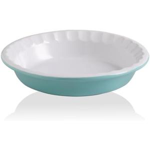 Sweejar Ceramic 10.4 Inch Pie Pan, Deep Porcelain Round Dish, Non-Stick Baking Plate for Pumpkin and Apple Pies, Farmhouse Design (Turquoise)