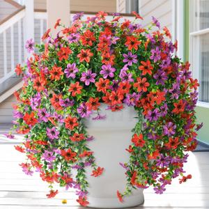 Homsunny Artificial Fake Flowers Plants for Outdoor Spring Summer Decoration, 2 PCS Faux Silk Daisy Hanging Flower Outside UV Resistant Look Real for Patio Porch Garden Balcony Home Decor(Red Purple)