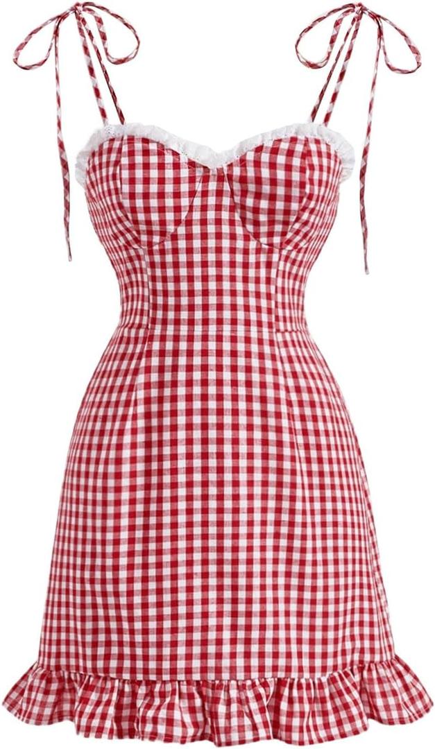 Floerns Women's Gingham Print tie Shoulder Sleeveless Ruffle Hem cami Dress (Red and White, XS)