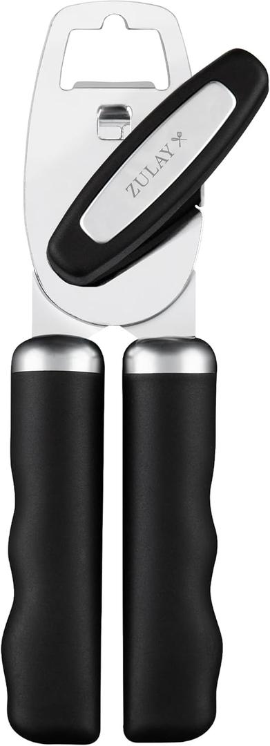 Zulay Kitchen Heavy Duty Stainless Steel Can Opener Manual with Bottle Opener - Rust Proof Manual Can Opener With Turn Knob & Comfy Soft Grip Handles - Black