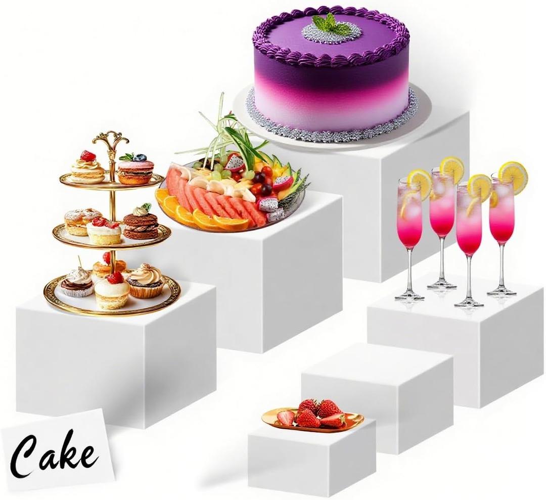 6Pcs Buffet Risers-Dessert Table Display Set- Food Display Risers for Party, White Dessert Stands,Cube Boxes Display Nesting for Buffet Table Catering Dessert (S-5" 6" 6.8" 7" 7.5" 8")