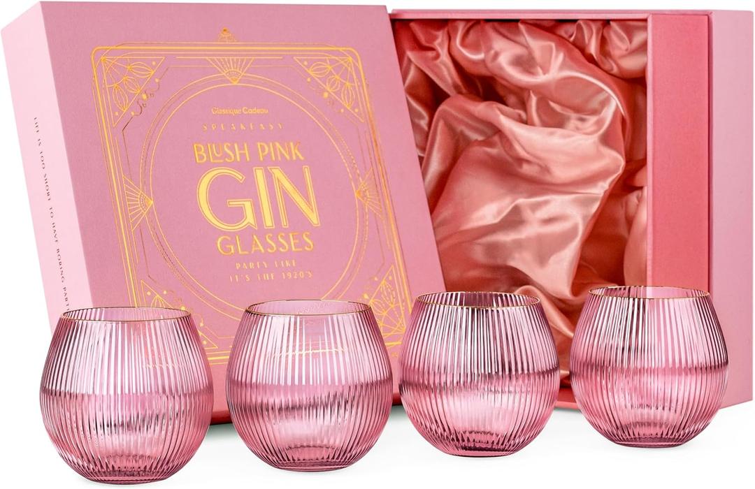 GLASSIQUE CADEAU Vintage Blush Pink Art Deco Gin and Tonic Glasses with Gold Rims | Set of 4 | 13.5 oz Stemless Crystal Balloons for Drinking Gin Cocktails | Retro Gift Goblets for Gin Lovers
