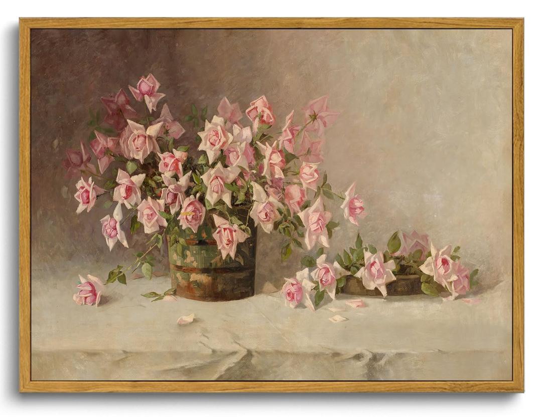 KISSFOX Vintage Floral Framed Wall Art Pink Flower Wall Art Paintings Pictures Wall Decor Modern Farmhouse Roses Canvas Art Prints Rustic Retro Still Life Artwork For Bedroom Kitchen Living Room