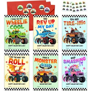 MAPDTWO 36 Packs Valentines Cards for Kids - Monster-style Trucks Valentines Day Card for Kids School Boys Classroom Party Favors - 3.2''x 4.7'' Exchange Monster Vehicle Cards & Stickers, Envelopes