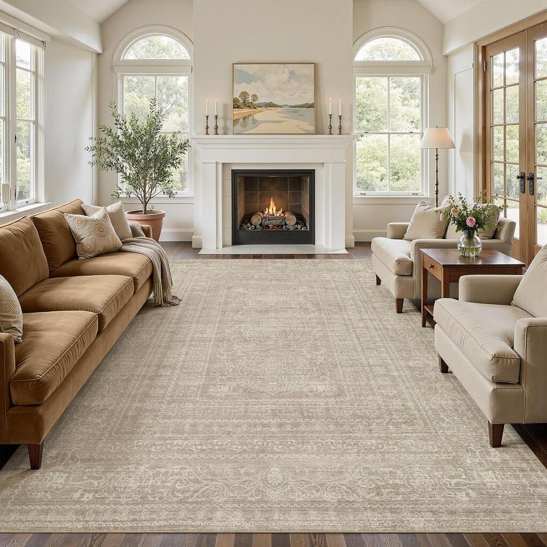 12x15 Area Rug Living Room: Washable Large Vintage Brown Rug Neutral Non-Slip Soft Stain Resistant Indoor Carpet for Bedroom Nursery Dining Room Under Table Bed Home House Office Playroom