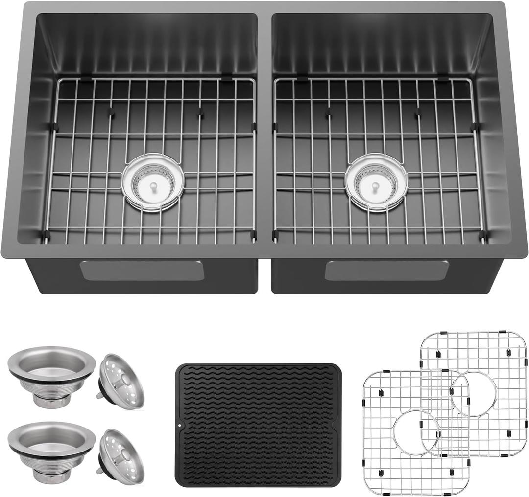 Black Kitchen Sink, 50/50 Double Bowl 33x19x8 Inch Undermount Stainless Steel Drop In Large Kitchen Sink Combo-Stainless Grid, Silicon Mat, Installation Clips For Modern SS Stylish Kitchen&Bar, 33x19x9 inches