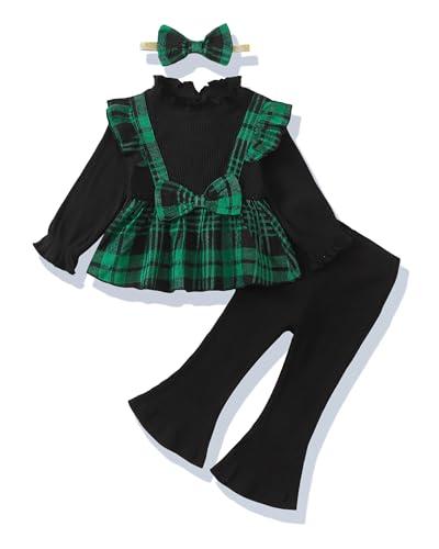 XUANHAO 18 Months Girl Clothes Fall Winter Toddler Girls Clothes 24 Month Cute Christmas Long Sleeve Green Plaid Ruffle Bow Knot Tops Flare Pants Set+Headband 3PCS 18-24 Months Girl Clothing