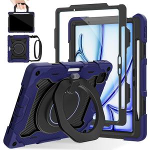 ROISKIN for iPad Air 11 inch Case M3 2025/M2 2024(Air 7th/6th Generation)-with HD Screen Protector, 360 Rotating Kickstand/Handle, Shoulder Strap, Pen Holder, Heavy Duty Military Grade - Kids Friendly (Navy Blue)