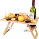 Tirrinia Portable Wine Picnic Table, Ideal Wine Gift for Women Men, Outdoor Folding Table & Beach Charcuterie Board with Wine Glasses Holder for Camping, Park, Party, Garden Concerts, Wooden (17" x 13" - Bamboo Legs)