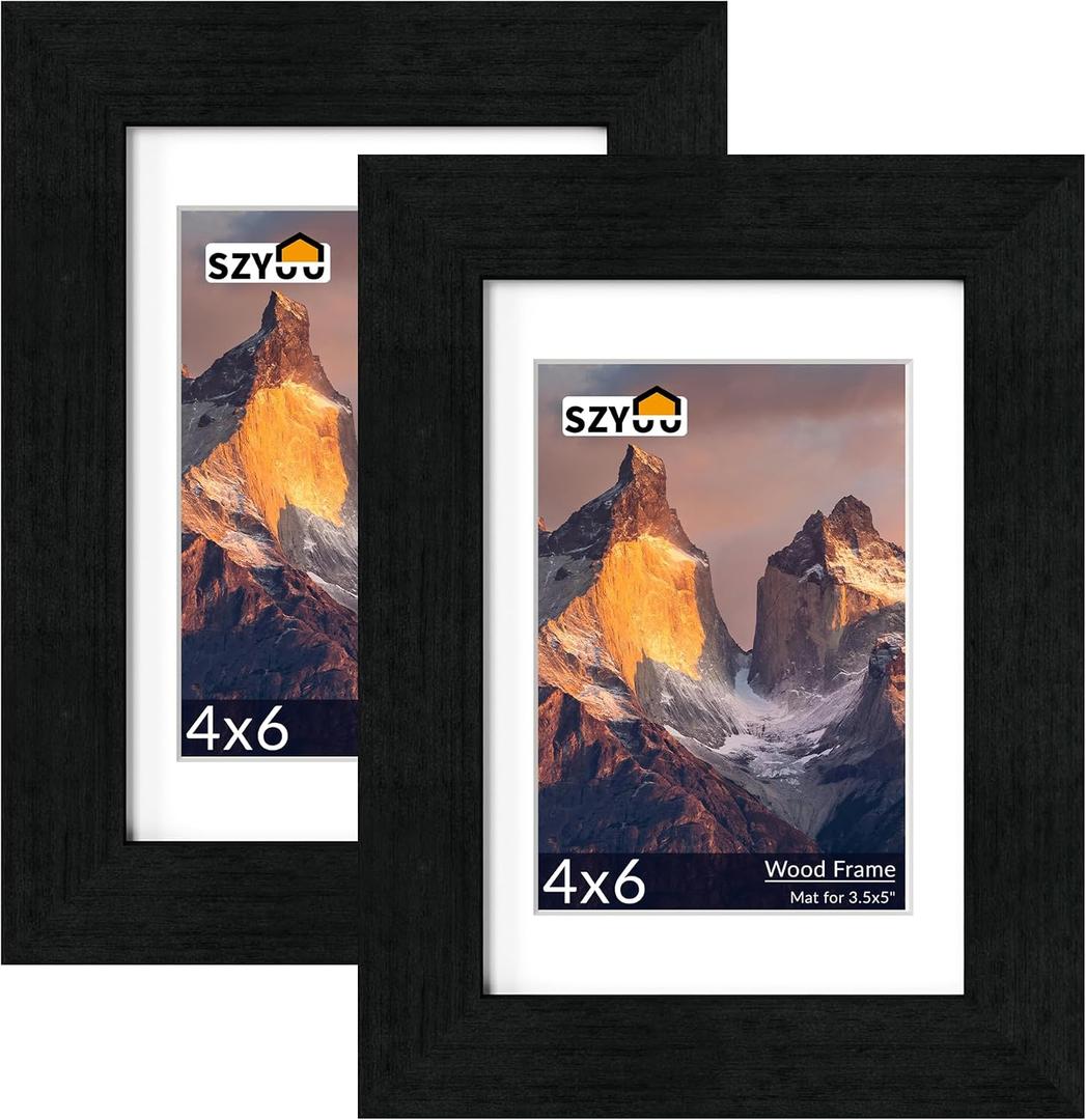 4x6 Picture Frame Set of 2 - Wood Frame with Real Glass, Display 3.5x5 with Mat or 4x6 without Mat, Photo Frame for Wall or Tabletop Display(Matte Black)
