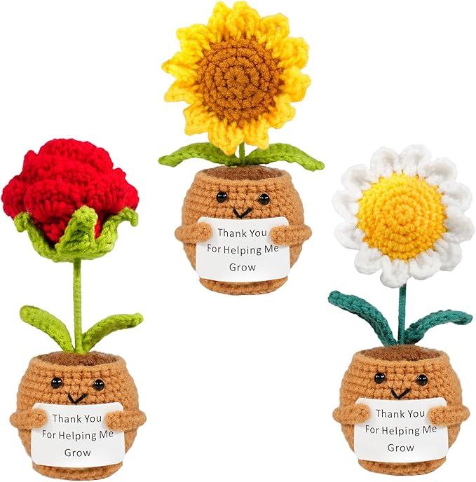 xbaiyanr 4 Pcs Positive Sunflower Crochet with Card Thank You for Helping Me Grow,Valentines Day Gifts for Teachers Teacher Birthday Thank You Gifts(Sunflower)
