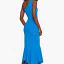 Xscape Women's Xscape Women's High-Low, Sleeveless, V-Neck, with Floral Print, Tiered Ruffle Skirt, and Strappy Back Silhouette (Blue, M)