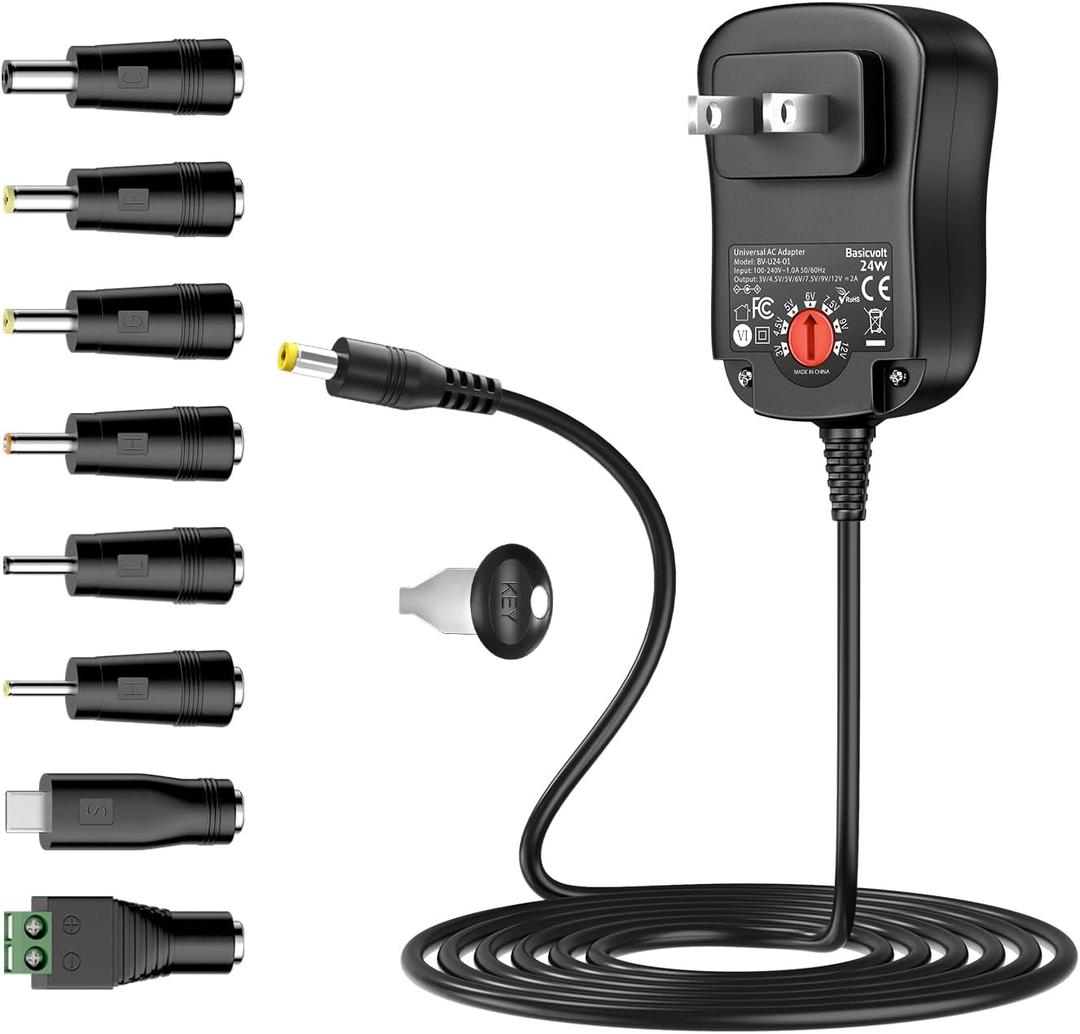24W 3V 4.5V 5V 6V 7.5V 9V 12V Universal AC/DC Adapter Multi-Voltage Regulated Switching Power Supply with 8 Round DC Plugs for LED Strip Light CCTV Camera Speaker Router,2A Max