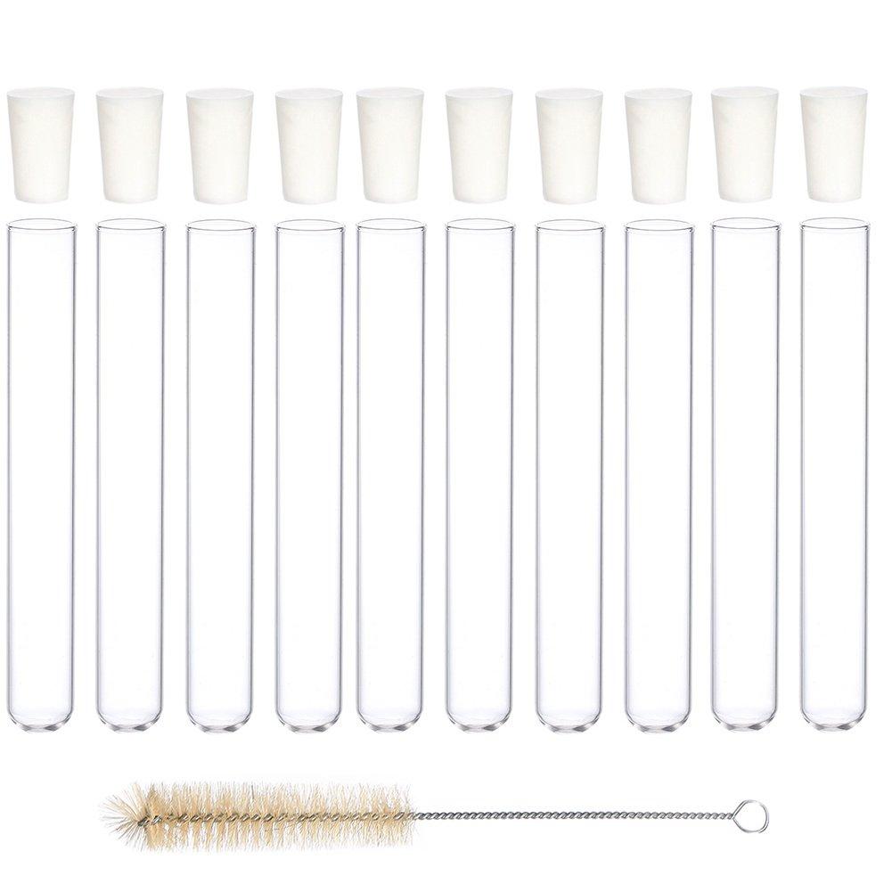 Glass Test Tubes with Rubber Stoppers 150mm x 20mm Pack of 10 and 1pcs Brush