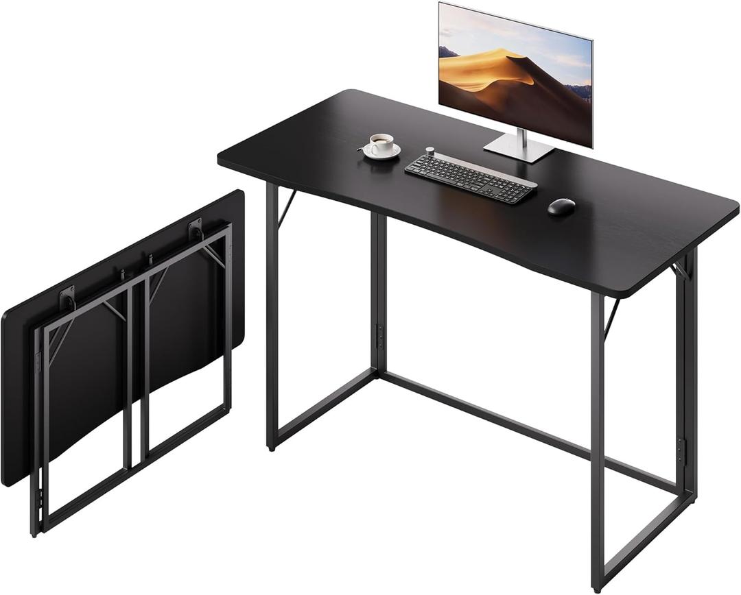 JOYMOOP 47.2" Black Folding Desk, No Assembly, Wooden Top, Large Size