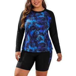 SHEKINI Women's Plus Size Two Piece Rash Guard Long Sleeve Swimsuit Shirt with Build in Bra & Boyshort (Blue, XXXL)