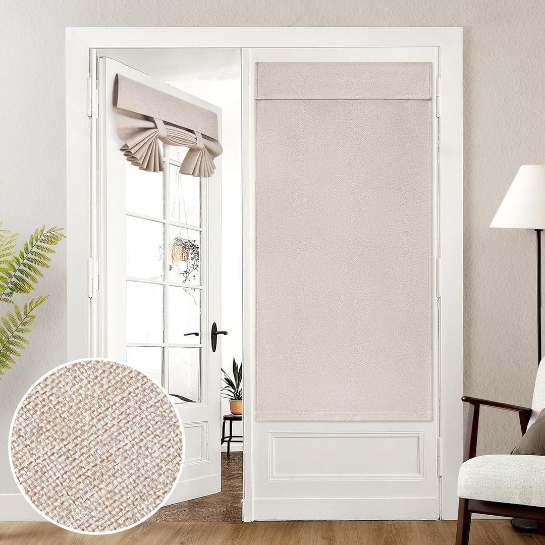 HOMEIDEAS 100% Natural Linen Blackout French Door Curtains, Privacy Door Window Curtains, 34 X 68 Inch Room Darkening Blinds, Thermal Insulated Shades for Bedroom, 1 Panel