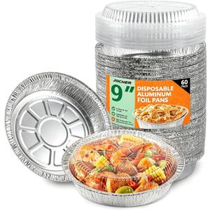 60 Pack 9” Round Aluminum Pans with Clear Lids, Disposable Foil Pie Pans with Lids, Pie Tins Disposable, Freezer & Oven Safe for Storing, Baking, Meal Prep & Reheating