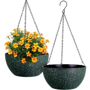 Meowell 12 inch Large Hanging Planters for Indoor Outdoor Plants, 2 Pack Hanging Flower Pots with Drainage Holes and Chain, Plastic Hanging Baskets for House Plants, Black with Green Speckles