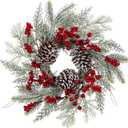 Christmas Wreath 16"-18" Door Wreath with Frost Winter Wreath with Big Pine Cone Red Berries Christmas Reef for Indoor Outdoor Wreaths for Table Fireplaces Porch Walls Window Wreaths Home Decor