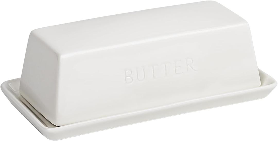 Ceramic Butter Dish with Lid, Farmhouse Butter Keeper Tray with Embossed Lettering for Countertop or Refrigerator, Microwave & Dishwasher Safe, White, 7.5x3.7x2.7 Inches