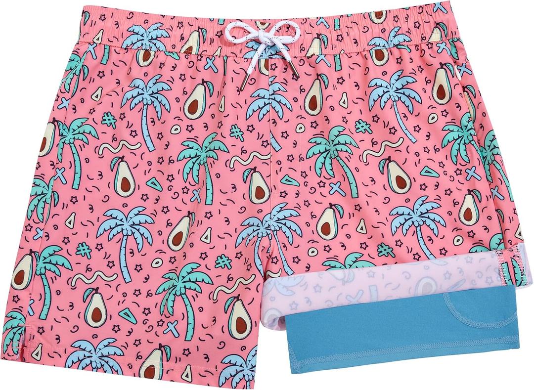 BRISIRA Boys Swim Trunks Bathing Suit Compression Boxer Brief Liner Swim Shorts Swimsuit Anti-Chafe Toddler Kids Youth Teen (10-12, Pink Avocado)
