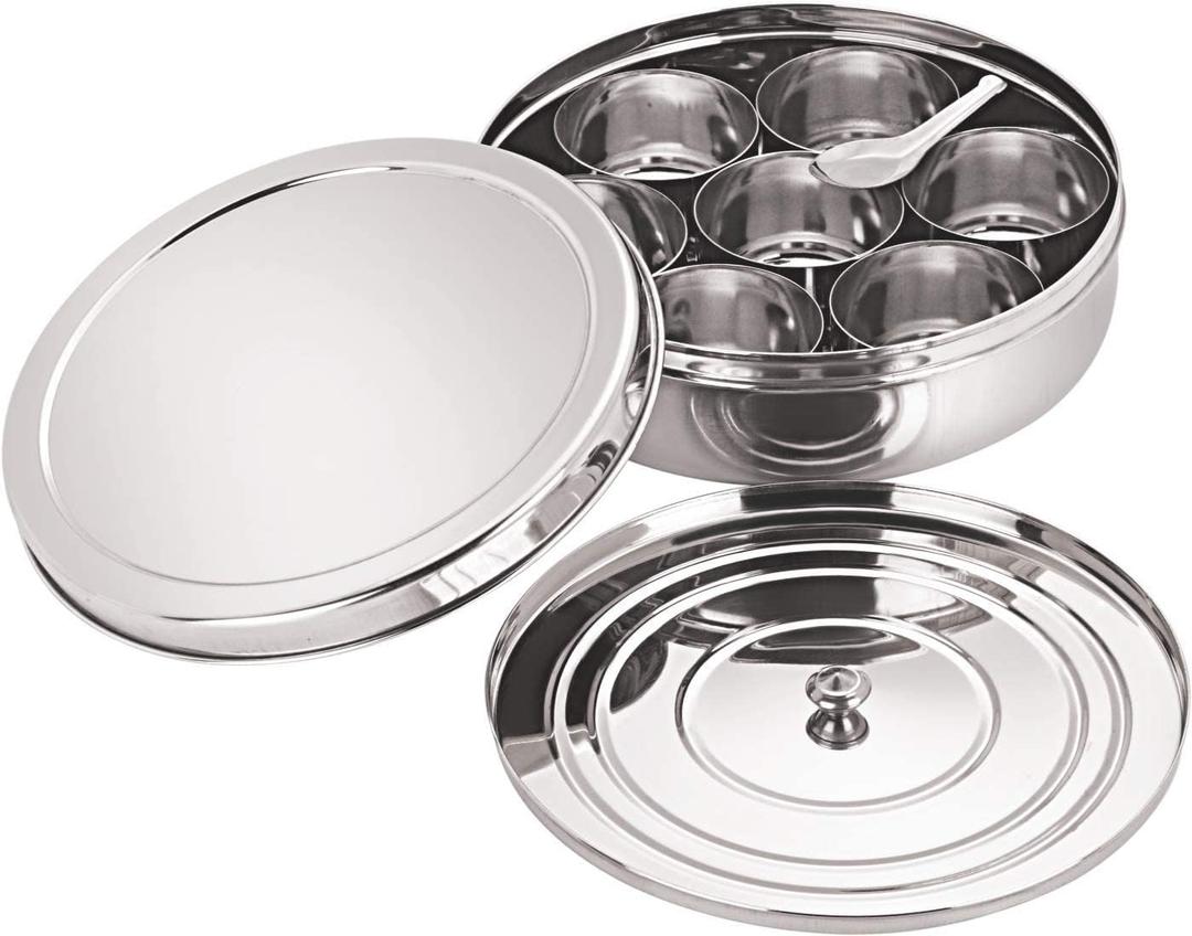 Stainless Steel Masala Dabba  8x8 inch Indian Spice Box with 7 Compartments for Kitchen Storage