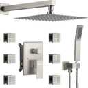 DASAN Full Body Shower System with 6 PCS Body Spray Jets & 12'' Rain Overhead Shower & Handheld, In-Wall Rain Shower System Brushed Nickel Shower Faucets Sets Complete with Valve, SA-SS03ABN-S12W