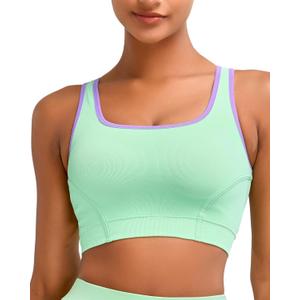RUNNING GIRL Sports Bras for Women High Support,Seamless Ribbed Longline High Neck Sports Bra Racerback Padded Crop Top Yoga (Green, L)
