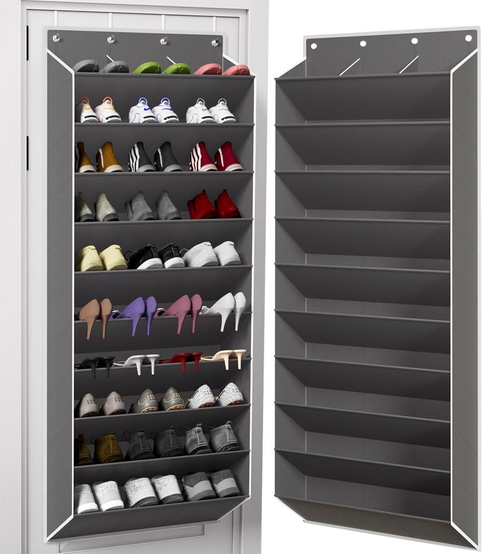 TAHAVICE Holds 30 Pairs Over the Door Shoe Organizer, 10-Tier Extra Large Size Hanging Shoe Rack with Deep Pockets for Closet Dorm Room, Space-Saving Storage for Sneakers, Boots (Grey)