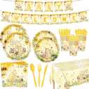 142pcs Classic Bear Baby Shower Decorations Baby Shower Party Tableware with Plates, Napkin, Forks, Cups Banner And Tablecloth for Birthday Party Supplies Set Serves 20 Guests