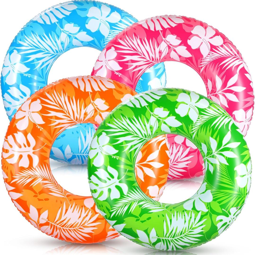 ShinyRelief 4 Pcs Pool Tubes for Adults 42inch Large Inflatable Floats Tube Tropical Leaves Inflatable Pool Floats Rings Colorful Swimming Ring Summer Hawaii Swimming (Pink,Blue,Orange,Green)