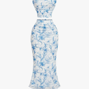 Verdusa Women's 2 Piece Floral Outfits Ruched Strapless Bandeau Crop Top and Fishtail Bodycon Skirt Set, Size Medium