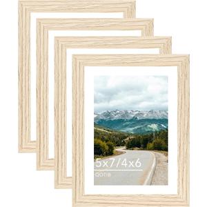 5x7 Wood Picture Frame with 4x6 Mat, Display 4x6 with Mat or 5x7 Without Mat, Wooden 5 by 7 Photo Frame, 5 x 7 Frame for Wall Hanging and Tabletop Display, 4 Pack, Natural Beige