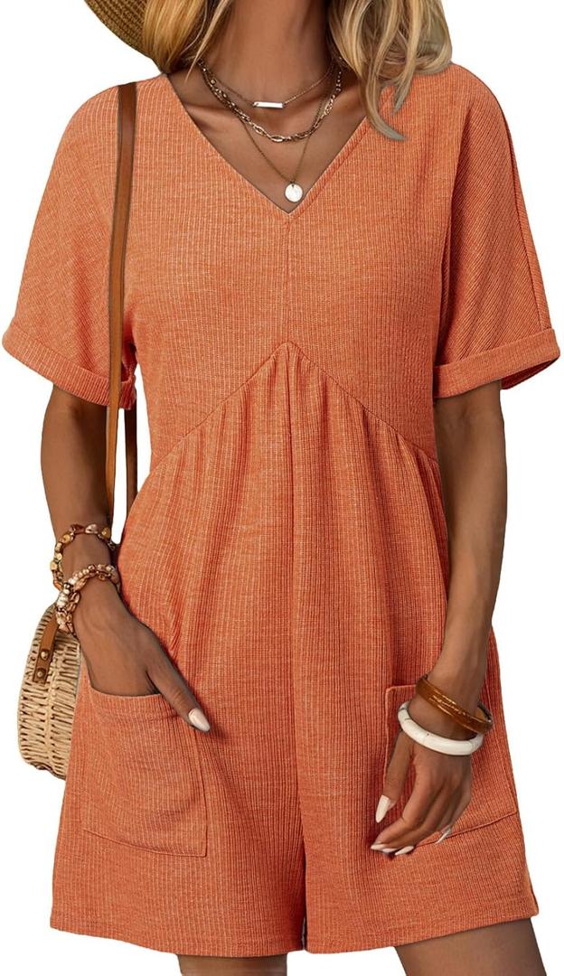 AlvaQ Rompers for Women Solid Color Casual Short Sleeve V Neck Zipper Short Jumpsuits with Pockets (XXL)