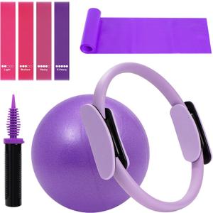 Pilates Ring Fitness Circles Set, High Resistance Yoga Ring Pilates Equipment Set for Women Includes Pilates Ring, 9 Inch Small Exercise Ball, 5 Resistance Bands at Home Pilates Workout Set (purple)