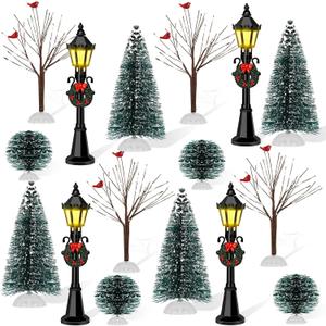 16 PCS Christmas Figurine Village Accessories, Mini Street Light Models with Brush Trees, Miniature Christmas Pathway Street Lamps Lantern Post for DIY Micro Landscape Fairy Garden